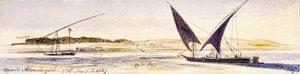 De omvang van de Nijl en zijn oevers, met twee traditionele Egyptische boten, waaronder een Dahabeeya door Edward Lear
