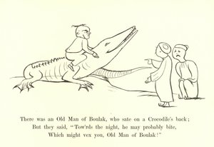 Er was een oude man van Boulak, die op de rug van een krokodil zat