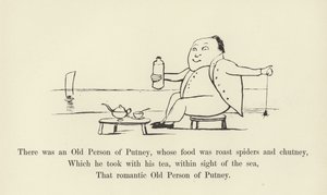 Er was een oude man uit Putney, wiens voedsel geroosterde spinnen en chutney was door Edward Lear