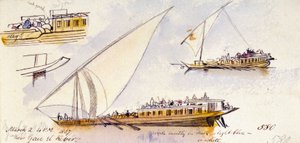 Drie studies van een Egyptische boot, met passagiers, nabij Gau el Kebir (Egypte), met annotaties over de kleding van de afgebeelde personages
