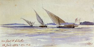 Drie traditionele Egyptische transportschepen, varend op de Nijl, nabij Gebel el-Silsila of Gebel Silsileh (Egypte) door Edward Lear