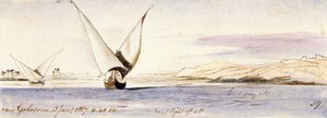 Uitzicht op de Nijl bij Golosona (Egypte), met een traditionele Egyptische boot die vaart