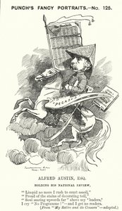 Punch cartoon: Alfred Austin, Engelse dichter en redacteur van de National Review (gravure) door Edward Linley (after) Sambourne