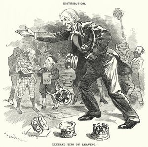 Punch cartoon: Distributie. Liberale Tips bij Vertrek (gravure) door Edward Linley (after) Sambourne