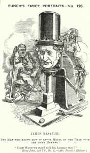 Punch cartoon: James Nasmyth, Schotse ingenieur en uitvinder van de stoomhamer (gravure)
