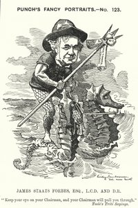 Punch cartoon: James Staats Forbes, Schotse spoorwegingenieur en beheerder (gravure)