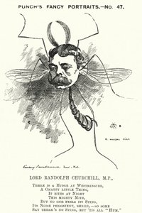 Punch cartoon: Lord Randolph Churchill, Engelse conservatieve politicus (gravure)