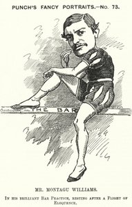 Punch cartoon: Montagu Williams, Engelse leraar, soldaat, acteur, toneelschrijver, advocaat en magistraat (gravure)