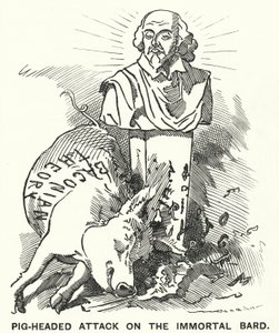 Punch cartoon: Koppige aanval op de onsterfelijke bard - de theorie dat de toneelstukken van William Shakespeare eigenlijk geschreven zijn door Sir Francis Bacon (gravure) door Edward Linley (after) Sambourne