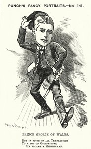 Punch cartoon: Prins George van Wales, de toekomstige koning George V, als adelborst in de Koninklijke Marine (gravure)