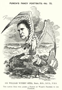 Punch cartoon: Sir William Withey Gull, Engelse arts die de Prins van Wales behandelde voor tyfus en werd arts in gewone dienst van koningin Victoria