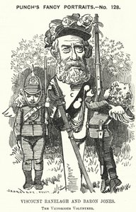 Punch cartoon: Thomas Heron Jones, 7e Burggraaf Ranelagh en Baron Jones van Navan, promotor van de vrijwilligersbeweging voor het Britse leger door Edward Linley (after) Sambourne