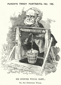 Punch cartoon: Thomas Spencer Wells, Engelse arts, chirurg van koningin Victoria (gravure)
