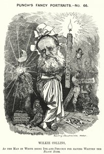 Punch cartoon: Wilkie Collins, Engelse romanschrijver, toneelschrijver en verhalenverteller (gravure)