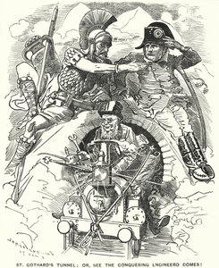 Punch cartoon: voltooiing van de St Gotthard-spoortunnel onder de Alpen door Edward Linley (after) Sambourne