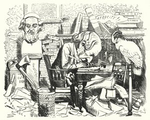 Punch cartoon: schrijver aan het werk in zijn studeerkamer
