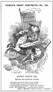 Alfred Austin (1835-1913) Brits poet laureate vanaf 1896. Cartoon door Edward Linley Sambourne (1844-1910) in de Fancy Portraits-serie in Punch, Londen, 3 maart 1883, toen Austin redacteur werd van National Review. Gravure.