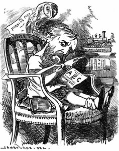 Evelyn Ashley (1836-1907) Engels auteur en liberaal politicus: zoon van de 7e Graaf van Shaftesbury. Cartoon door Edward Linley Sambourne in de Fancy Portraits-serie uit Punch Londen april 1881 toen Ashley ondersecretaris was bij de Board of Trade.