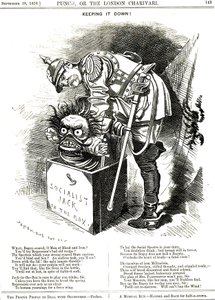 Het onderdrukken. Otto von Bismarck (1815-1898) Duitsland Kanselier, probeert de Jack van het socialisme terug in zijn doos te dwingen. Het onderschrift vertelt hem dat elke daad van repressie werkt als een elixer voor de menselijke wens naar meer vrijheid