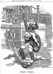 Met de terugkeer van de liberale regering in Groot-Brittannië, december 1905, was vrijhandel het beleid, in plaats van het conservatieve beleid van bescherming door tarief. Cartoon door Edward Linley Sambourne uit Punch Londen 24 januari 1906