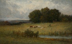 Helder tafereel van vee bij een stroom door Edward Mitchell Bannister