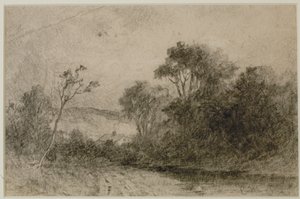 Landschap met daken achter bomen