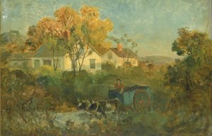 De drinkpoel (man in kar met ossen bij de poel) door Edward Mitchell Bannister