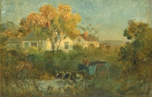 De drinkplaats man in kar met ossen bij poel, 1895 door Edward Mitchell Bannister