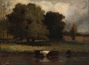 Zonder titel (Vier wadende koeien in vijver) door Edward Mitchell Bannister