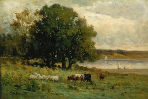 Zonder titel (vee bij rivier met zeilboot in de verte) door Edward Mitchell Bannister