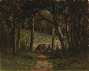 Zonder titel (koeien op pad in bos) door Edward Mitchell Bannister