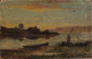 Zonder titel (landschap, boot aangemeerd bij oever met wandelende man) door Edward Mitchell Bannister