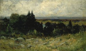 Zonder titel (landschap, velden met rotsen en bomen) door Edward Mitchell Bannister