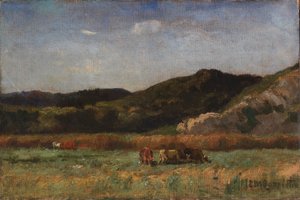 Zonder titel (landschap met grazende koeien, heuvels) door Edward Mitchell Bannister