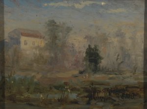 Zonder titel (landschap met huis op achtergrond)