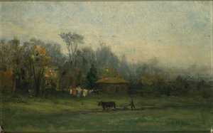 Zonder titel (landschap met man die velden ploegt) door Edward Mitchell Bannister