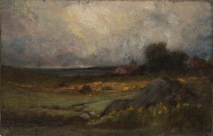 Zonder titel (landschap met rots op voorgrond en dak met torenspits, meer op achtergrond) door Edward Mitchell Bannister