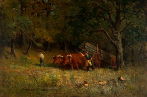 Ongetiteld jongen en man met ossen door Edward Mitchell Bannister