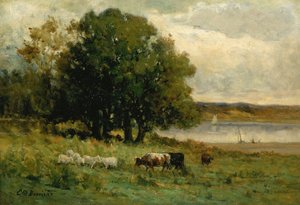 Ongetiteld vee bij rivier met zeilboot in de verte, n.d.
