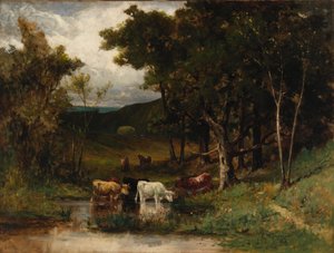 Naamloos Landschap met Koeien in een Stroom nabij Bomen, 1882 door Edward Mitchell Bannister