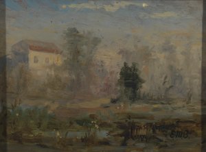 Ongenaamd landschap met huis op de achtergrond, n.d.