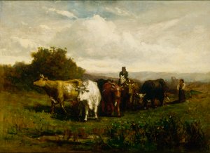 Ongenoemde man te paard, vrouw te voet die vee drijft