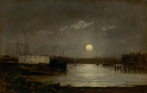Ongetiteld maan boven een haven, kadescène met volle maan en masten van boten door Edward Mitchell Bannister