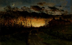 Ongenaamd zonsondergang met kwartmaan en boerderij, 1883