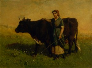 Ongenoemde vrouw die met koe wandelt door Edward Mitchell Bannister
