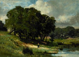 Vrouw staand bij een vijver door Edward Mitchell Bannister