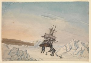 Een schip vast in het ijs met twee bemanningsleden die het schip in het ijs vastzetten met vier bevestigingen