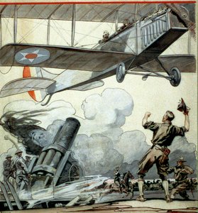 Vliegtuig, artilleriekanon en soldaten door Edward Penfield