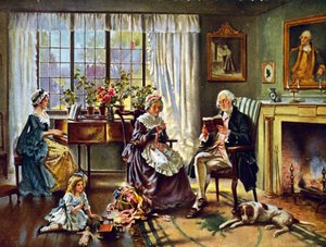 George Washington (1732-1799) Eerste president van de Verenigde Staten van Amerika (1789-1797). Washington thuis met zijn gezin. Naar schilderij van Edward P Moran (1862-1935).