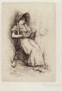 Zonder Titel (Jong Meisje met Hoed, in Stoel, Lezend) door Edward Percy Moran